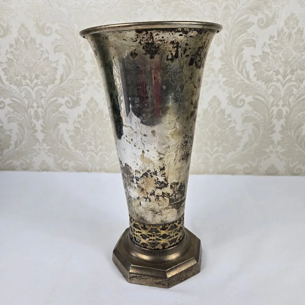 Vintage Bombay Vase Silverplate with Brass Detailing Octagon Shaped Base India